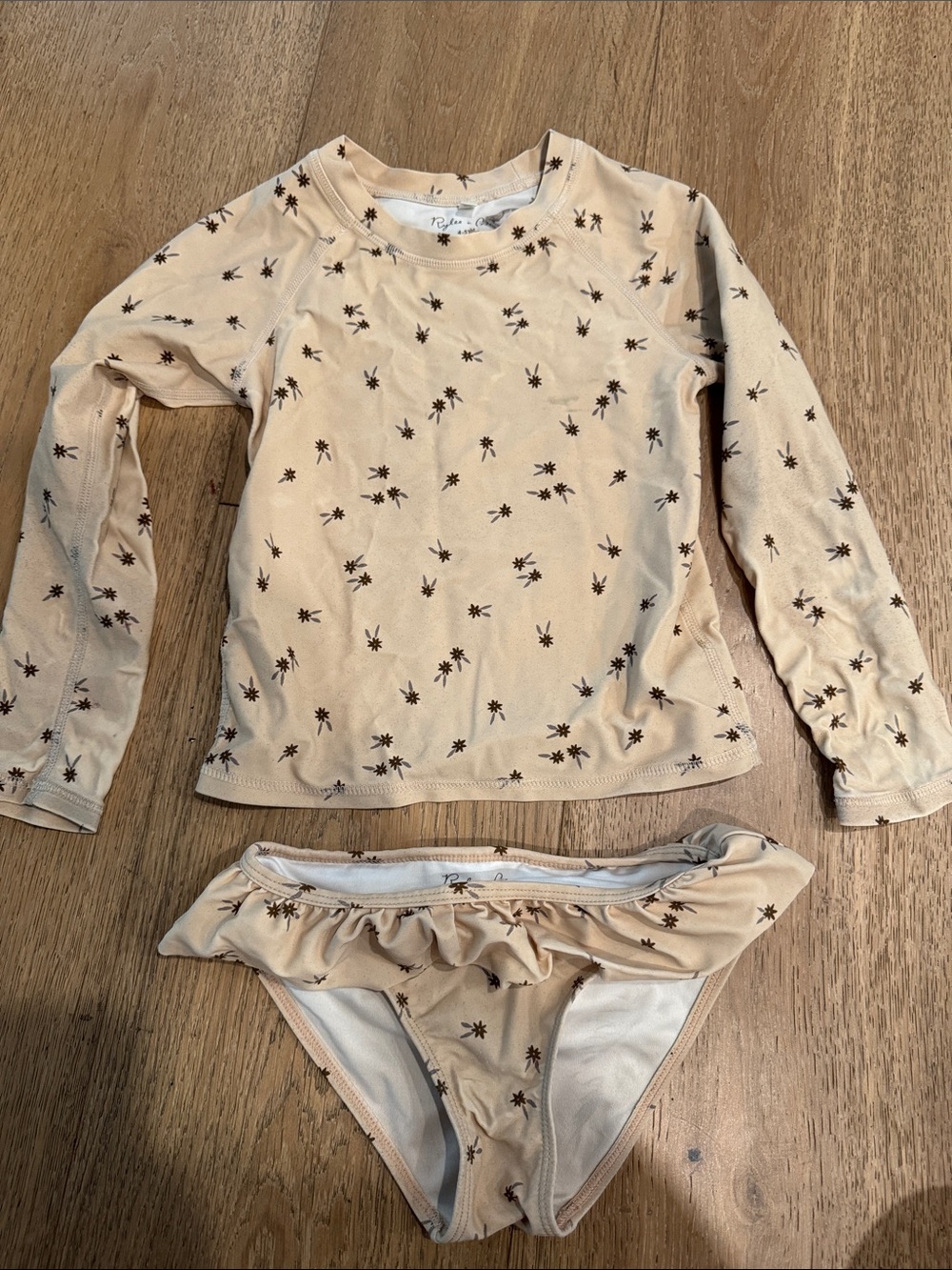 Rylee + Cru Beige Palm Print Long Sleeve Rashguard Bikini Set